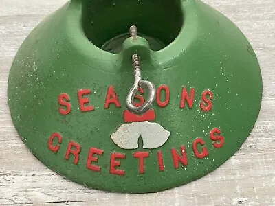 Cast Iron Christmas Tree Stand Vtg Red & Green Seasons Greetings & Festive Bells • $36.75