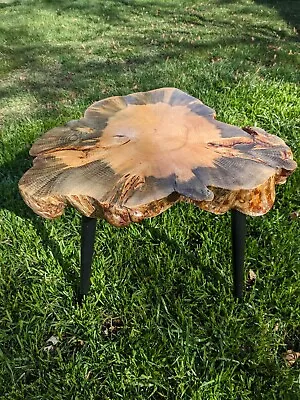 Rustic Blue Pine Natural Free Form Log Slab Table; Tapered Metal Legs • $199