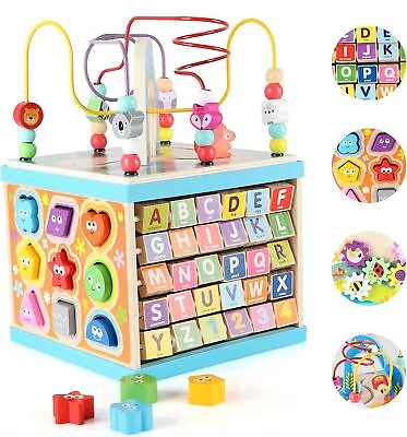 5 In 1 Wooden Toy Baby Activity Cube Centre Animal Shape Sorter Child Beads Maze • £23.89