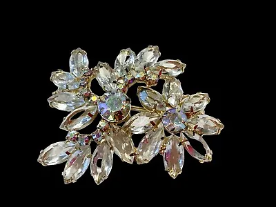 Vintage Aurora Borealis Floral Rhinestone Brooch Bridal Bouquet Pin • $45.35