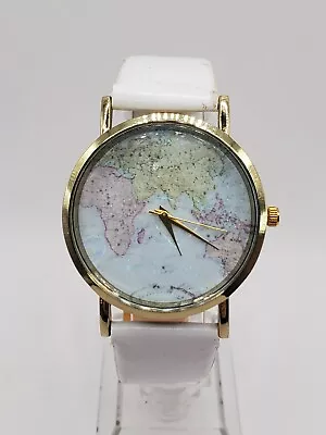 Ladies World Map Quartz Watch 37mm Round Gold Tone White Faux Leather • $7.99