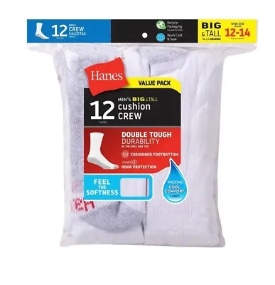 Hanes Men's 12 Pair BIG & TALL Crew Socks - White - Fits Shoe Size 12-14 • $20.79