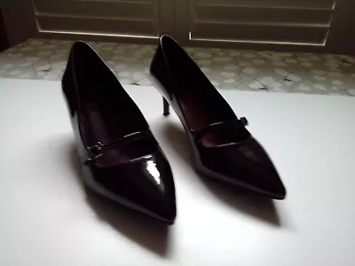 Marks & Spencer Collection Black Patent Wide Size 5.5 Stiletto Heel Court Shoes • £7.99