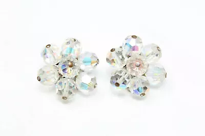 Pretty Vintage Silvertone AB Faceted Crystal Cluster Flower Clip On Earrings • $12.50