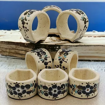 8 Napkin Rings Tonala Hand Painted Mexican Folk Art Pottery Blue Florals • $29