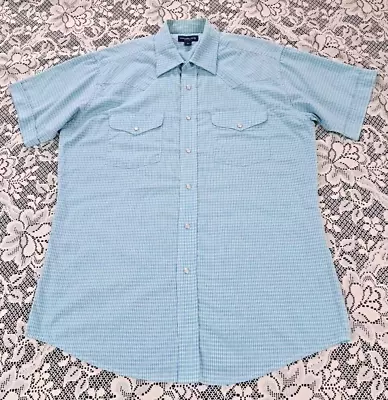 Panhandle Slim Shirt Men's Size 16 Short Sleeve Pearl Snap Aqua Plaid Pre-owned  • $18.97