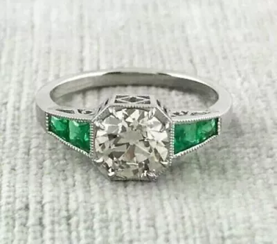 Art Deco Round Lab Created Diamond & Emerald Wedding 14Ct White Gold Filled Ring • $95.04