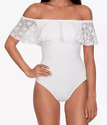 Lauren Ralph Lauren One-piece Swimsuit Off Shoulder Crochet Lace White Size 8 Us • £43.69