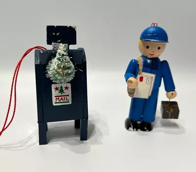 Vintage Wooden Mail Carrier And Mailbox Christmas Ornaments Midwest Importers • $23.37