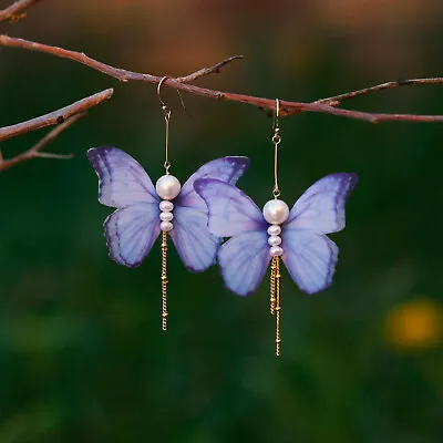 25#Freshwater Pearl Three-dimensional 4 Wings Chiffon Purple Butterfly Earring • $35.99
