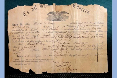 $175 • Buy 1862 Antique CIVIL WAR DISCHARGE PAPER Dewitt GRAY/GREY 51st Reg Ny Culpeper Va