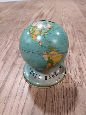 Vintage Tin Metal Litho Earth Globe World Coin Piggy Savings Bank • $17.99