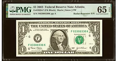 2003 $1 FRN Fancy Radar Repeater Serial Number 03300330 PMG GEM 65 EPQ • $159