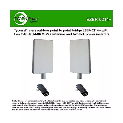 Tycon Wireless Outdoor Point To Point Bridge EZBR-0214+ With Two 2.4GHz 14dBi... • $237.45