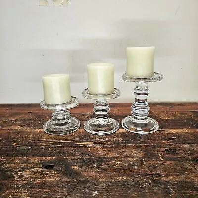 Set Of 3 Clear Glass Pillar Candle & Candlestick Holder Varying Height • $30