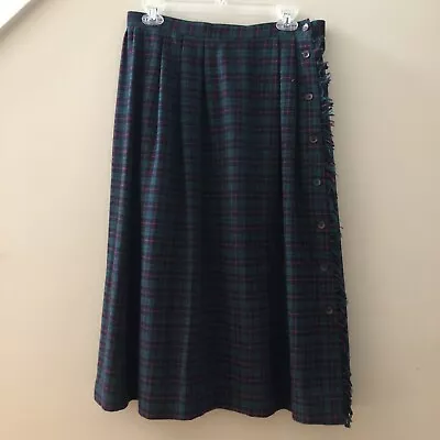 Vintage Koret Green Red Plaid Wool Blend Faux Wrap Kilt Unlined Skirt Size 14 • $19.97