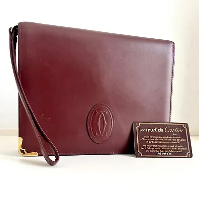 $101.25 • Buy CARTIER Clutch Bag Leather Wine Red Auth From Japan