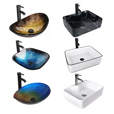 Bathroom Vessel Sink Faucet Combo Vanity Basin Bowl Pop Up Drain Ceramic Glass • $70.19