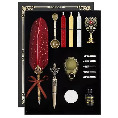 Quill Pen And Ink Set - Feather Calligraphy Dip Pen With Wax Seal Stamp Kit A... • $31.27