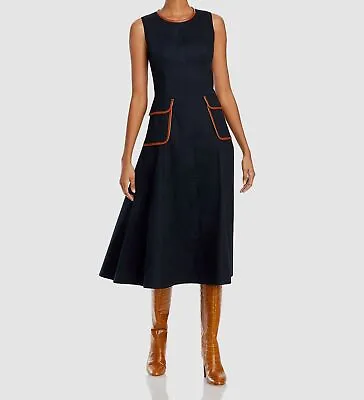 $198.63 • Buy $375 Staud Women's Blue Pocketed Faux-Leather Midi Poplin A-Line Dress Size 2