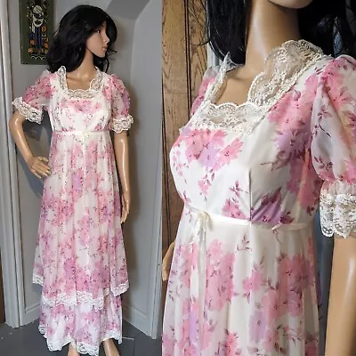 60s 70s Pink Floral Babydoll Layered Lace Maxi Long Nightdress Dress S 8 36 • £34.96