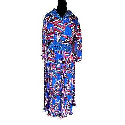 Vintage Diane Freis Pleated Midi Dress Collared Neckline Patriotic Vibes • $125