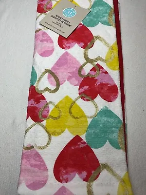 Martha Stewart Kitchen Dish Towels (3) Pink Blue Yelow Hearts 100% Cotton Nwt • $19.99