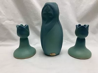 Van Briggle Vase And Candle Holders Set Ming Blue Tulip Vintage • $149.49