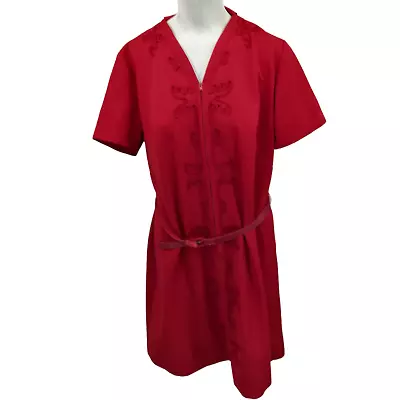 Vintage Handmade Zip Front Belted Embroidered Short Sleeve Mod Dress Size XL? • $29.95