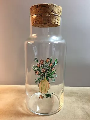 Vintage Mid Century Modern Rose Design Clear Glass Canister W/Cork Lid • $20