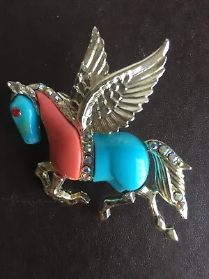 Vintage Hattie Carnegie Pegasus Horse Pin Brooch 1960's Turquoise And Coral  • $55