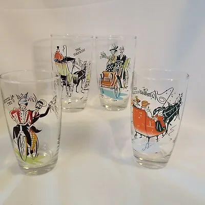 Vintage Drink Glasses Gay Nineties Transportation Theme Kitsch Bar Ware Set~4 • $17.95