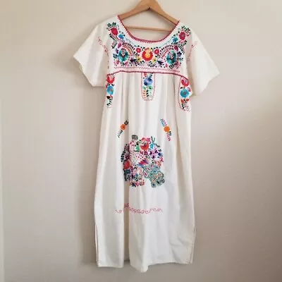 Vintage Handmade Peacock Floral Embroidered Midi Dress Size M • $44.99