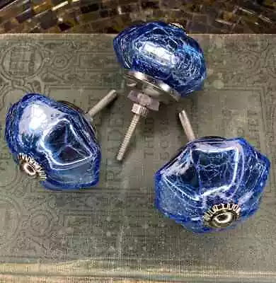 Antique Metal Drawer Pull Blue Glass Mercury Dresser Door Kitchen Knob • $8.31