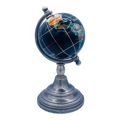 Vintage Mini Semi Precious Stone Globe Black Ocean Silver Stand 4.5  • $42.95