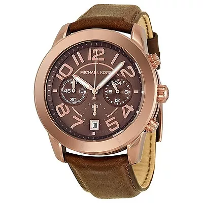 New Michael Kors Mercer Rose Gold Tonesaddle Brown Leather Chronowatch-mk2265 • $164.24