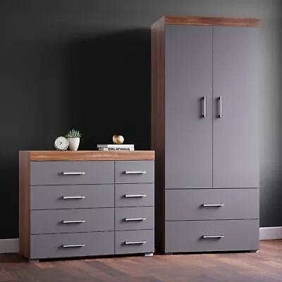 2 Door Wardrobe & 4+4 Chest Of Drawers In Grey & Walnut Bedroom Furniture 8 Set • £209.95