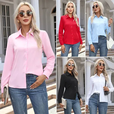 Women Office Business Blouse Long Sleeve Shirts Solid Work Blouses Button Tops • £8.26