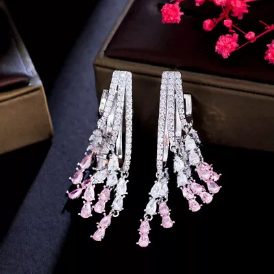 Creative Cluster Silver Plated Pink CZ Bridal Dangle Tassel Drop Long Earrings • $10.42