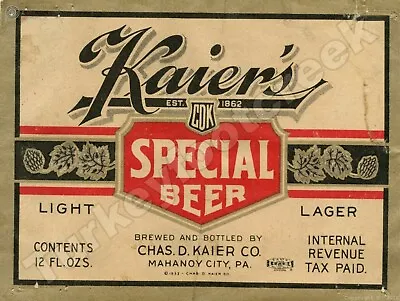 Kaier's Special Beer Label 9  X 12  Metal Sign • $14.99