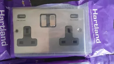 4x Hamilton Hartland Satin Steel 2 Gang Double 13A Switched Sockets With 2 USBs • £48