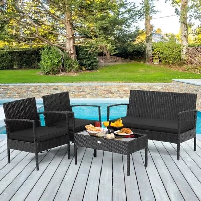 4 PCS Patio Sofa Furniture Set Rattan Wicker Loveseat Outdoor Garden W/Cushion • $188.97