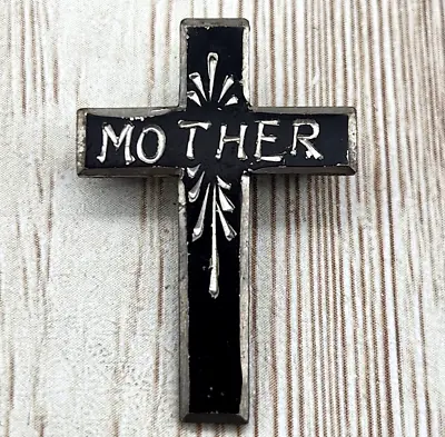 Antique Black Enamel Mourning Brooch Cross Mother Etched • $30