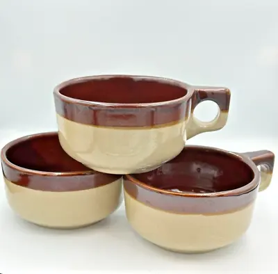 (3) Soup Bowls Pottery Crock Brown Drip Glaze W/ Handle Maple Leaf WS Monmouth * • $15