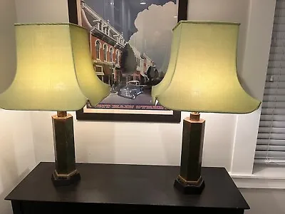 Rare 34  Tall Matching Pair Brass India Lamps W/ Original Shades Green Work • $149