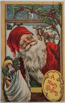 Vintage Postcard Christmas Santa In Window Reindeer AA29 • $6.75