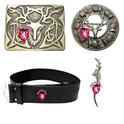Scottish Kilt Outfit Leather Celtic Embossed Belt Buckle Pin & Brooch Stage Head • £28.99