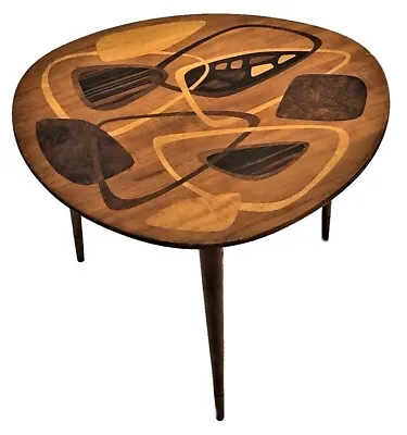 Swedish Mid-Century Modern Abstract Marquetry 3-Legged Coffee Table Ca. 1950s • $3200