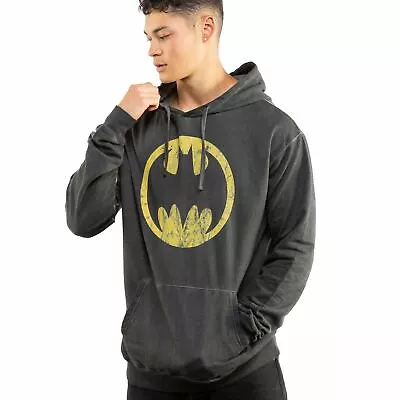 Official DC Comics Mens Batman Circle Logo Acid Wash Hoodie Black Sizes S - XXL • £24.99