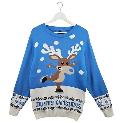 Mens Blue Reindeer Christmas Jumper Sweater Size Medium M • £5